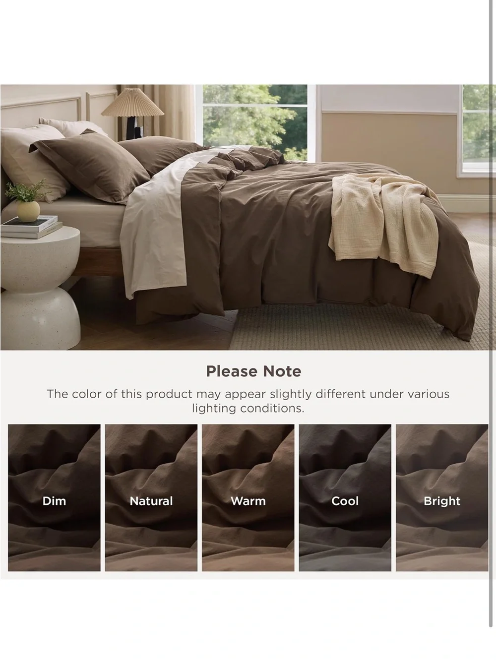 NEW Bedsure 100% Washed Cotton Duvet Cover Set Oversized King - Brown Minimalist